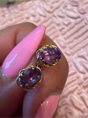 💜 Vintage 10K Gold Genuine Amethyst Stud Earrings Oval Gemstone Estate Jewelry